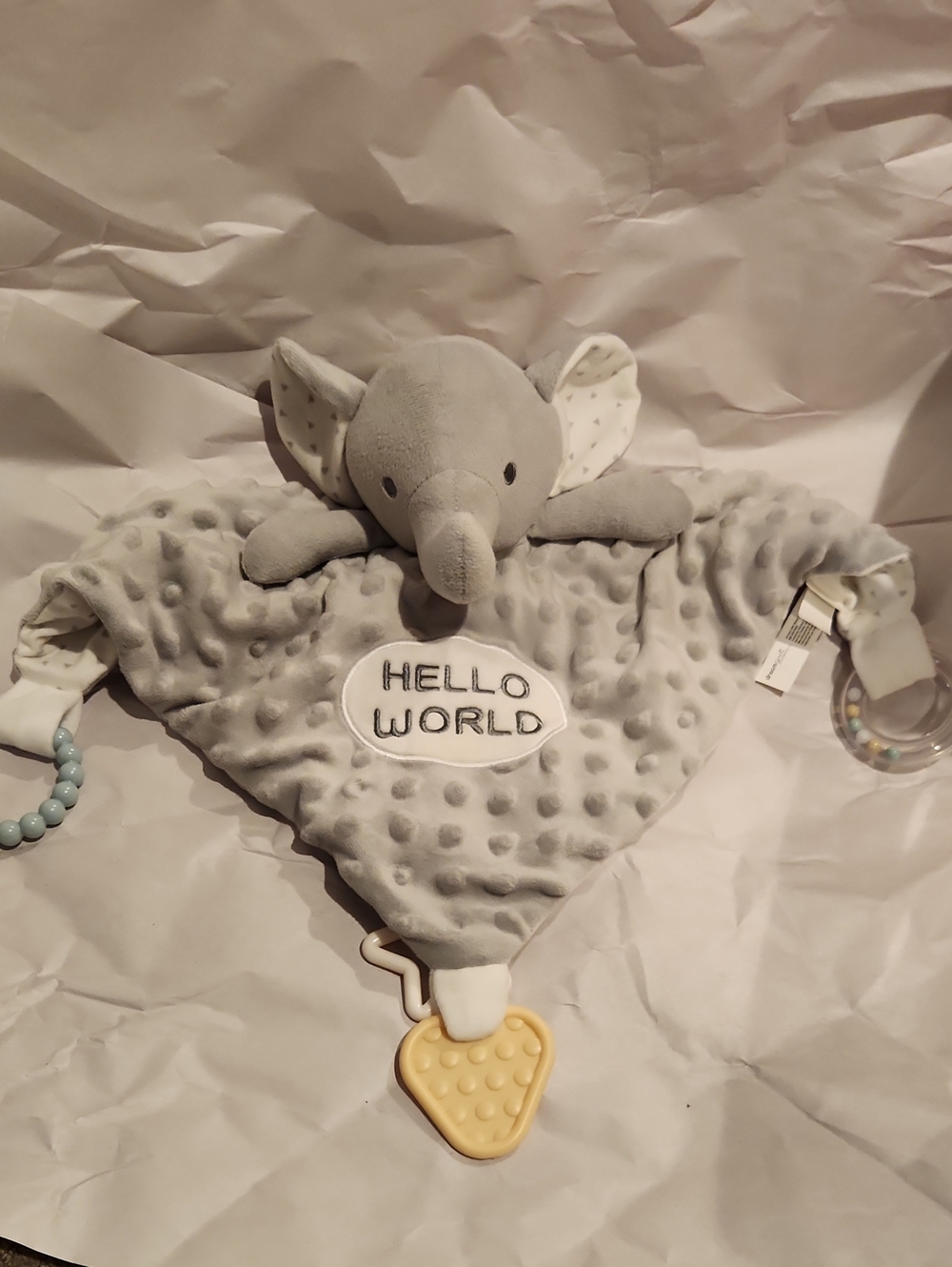 Dream Gro "Hello World" Elephant Activity Blankie, a plush baby security blanket